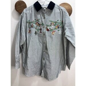 VTG Studio Collection Womens 18W Christmas Button Up Embroidered Holiday Grandma